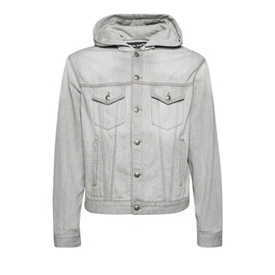 Pre-owned Palm Angels Curved Logo Denim Jacket 'light Grey' | Men's Size S In Gray