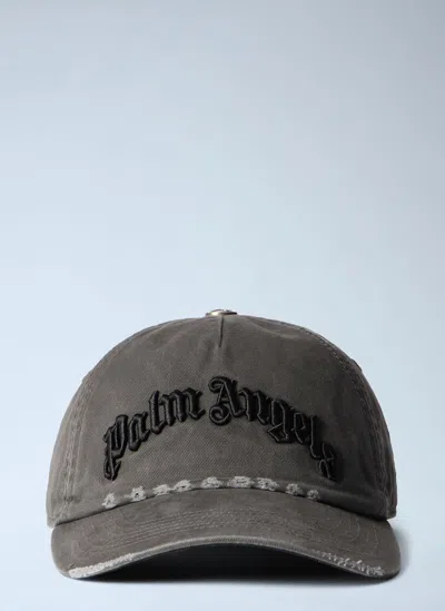 Palm Angels Curved Logo Distressed Cap In Gray