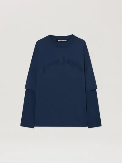 Palm Angels Curved Logo Double Long-sleeved T-shirt In Blue