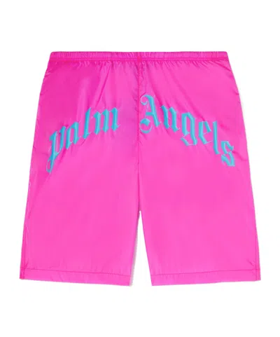 Palm Angels Curved Logo Elastic Waist Swim Shorts In Pink