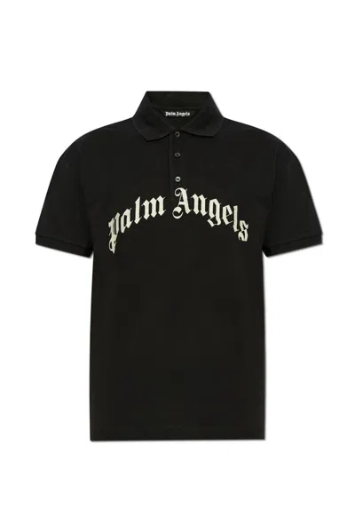 Palm Angels Curved Logo Short Sleeve Polo In Black