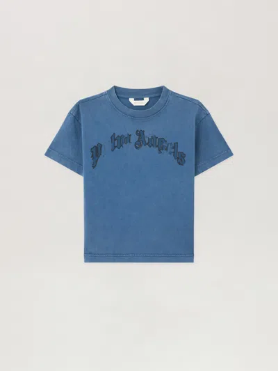Palm Angels Kids' Curved Logo Faded T-shirt In Blue
