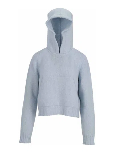 PALM ANGELS CURVED LOGO KNIT HOODY BABY BLUE - OFF W