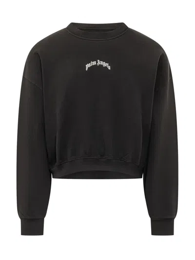 Palm Angels Curved Logo Mini Crop Crew Sweatshirt In Black-cream