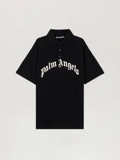 Palm Angels Curved Logo Embroidered Polo Shirt In Black