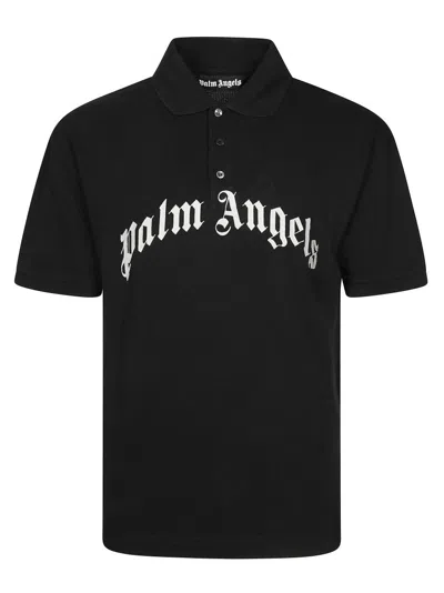 Palm Angels Curved Logo Embroidered Polo Shirt In Black