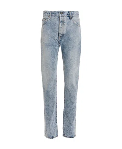 Palm Angels Curved Logo Cotton Denim Jeans In Lavado Claro