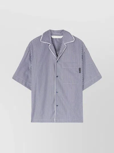 Palm Angels Navy Curved Logo Striped Shirt In Navy Blue