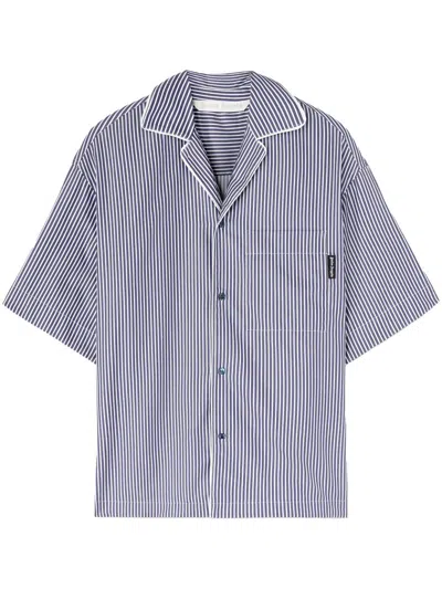 Palm Angels Navy Curved Logo Striped Shirt In Navy Blue