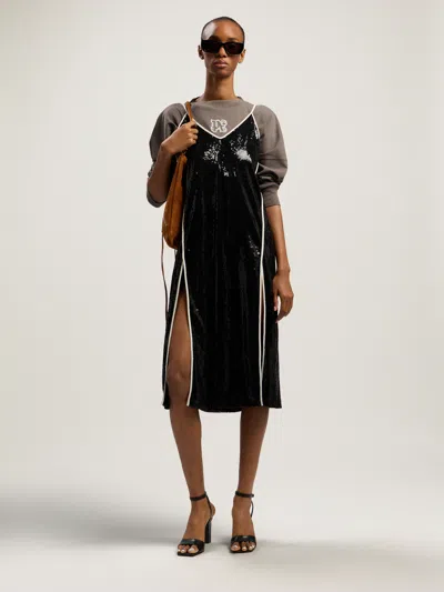 Palm Angels Curved Logo Sequin Slip Dress In Black