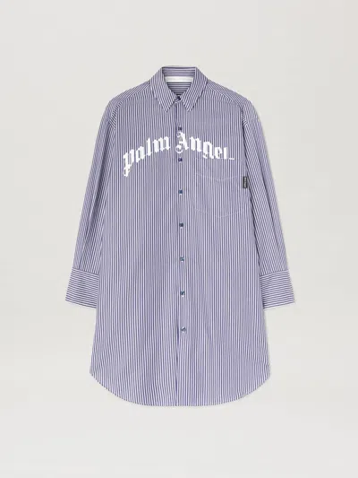 Palm Angels Striped Logo Print Midi Shirt Dress In Navy Blue - Off White