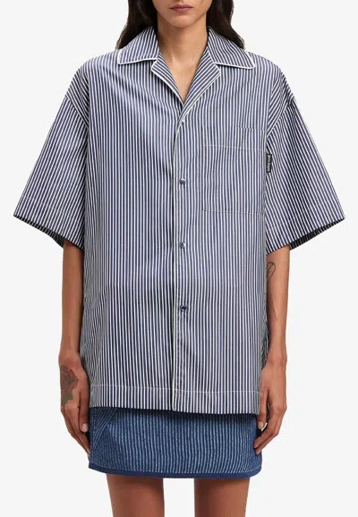 Palm Angels Navy Curved Logo Striped Shirt In Navy Blue
