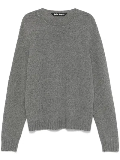 Palm Angels Curved Logo Embroidered Sweater In Grey Melange - Off White