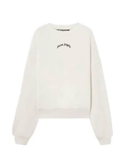 Palm Angels Brushed Cotton Crewneck Sweatshirt Curved Logo With Print In White