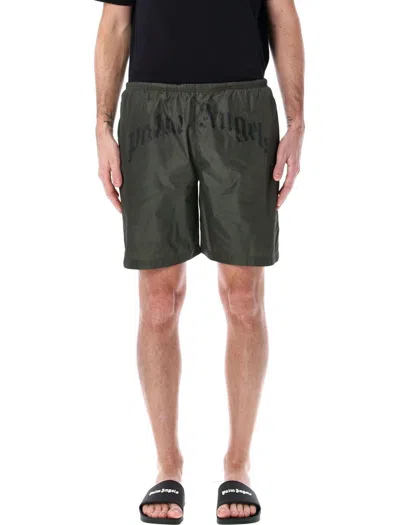 Palm Angels Curved-logo Swim Shorts In Miltary Green