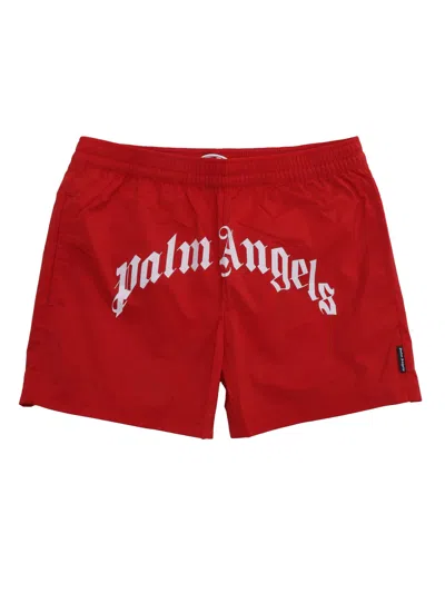 Palm Angels Kids' Curved Logo Swim Trunks In Red