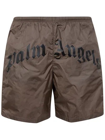 Palm Angels Curved Logo Swimshort In Brown