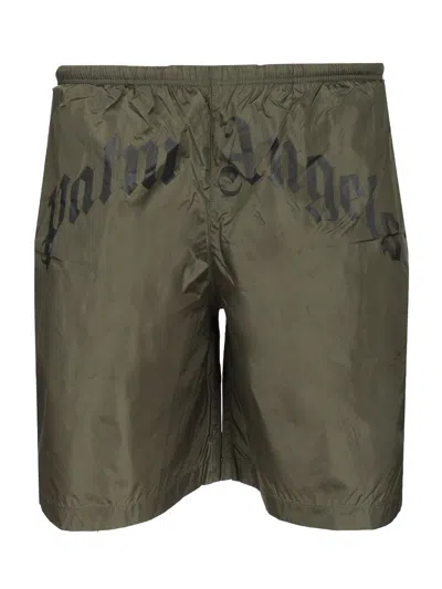 Palm Angels Curved Logo Swimshorts Swimwear Multicolor In Military Green -
