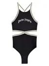 Palm Angels Curved Logo Print One-piece Swimsuit In Black - Off White