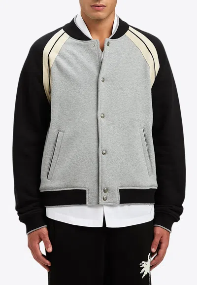 Palm Angels Curved Logo Varsity Bomber Jacket In Grey