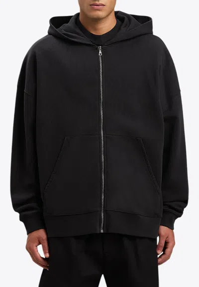 Palm Angels Curved Logo Zip-up Hooded Sweatshirt In Black