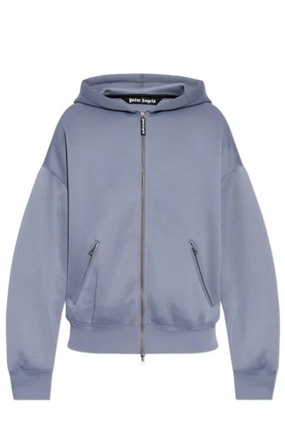 Palm Angels Gray Curved Logo Neoprene Hoodie In Grey