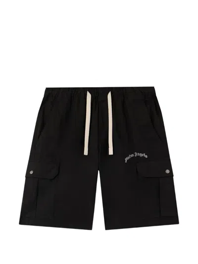Palm Angels Curved Printed-logo Cargo Shorts In Black