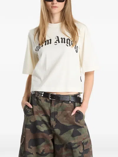 Palm Angels Logo Cropped Cotton T Shirt Crew Neck In Gray