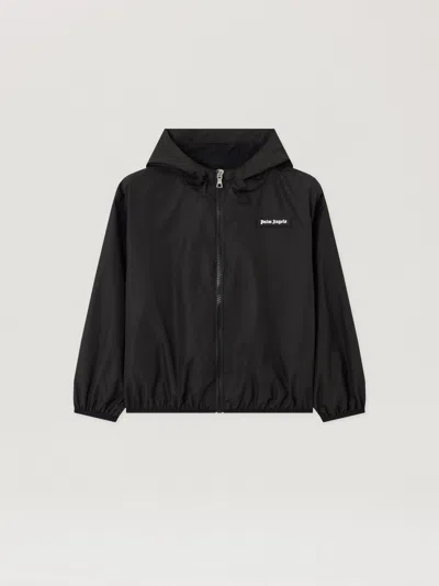 Palm Angels Kids' Curved Logo Windbreaker Jacket In Black
