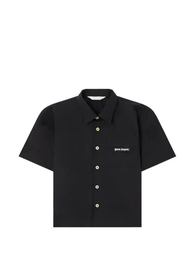 Palm Angels Kids' Curved Logo Short-sleeve Shirt In Black