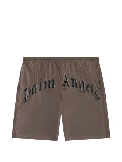 Palm Angels Curved-logo Swim Shorts In Brown