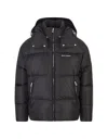PALM ANGELS DARK GREY DOWN JACKET WITH LOGO AND CONTRAST BANDS