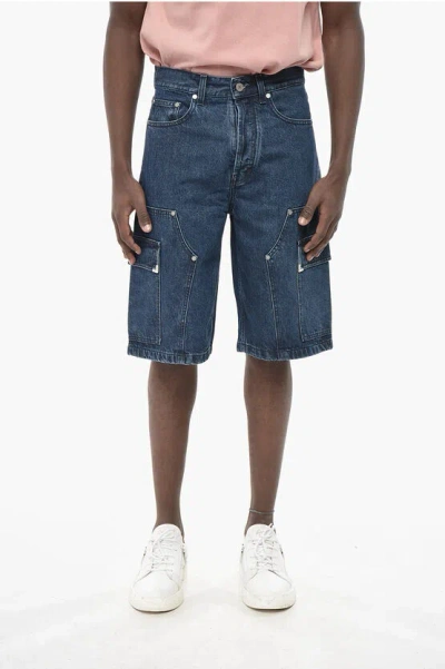 Palm Angels Dark Wash Denim Cargo Shorts Metal Frame In Blue