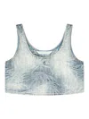 Palm Angels Denim Crop Top With Jacquard Palms In Blue