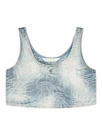 PALM ANGELS DENIM CROP TOP WITH JACQUARD PALMS