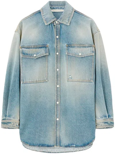 Palm Angels Denim Embroidered Overshirt For Women In Blue