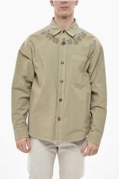 Palm Angels Denim Overshirt With Printed Logo And Pocket In Green