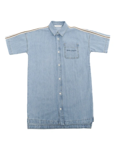 Palm Angels Denim Shirt Dress In Blue