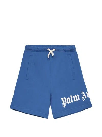 Palm Angels Kids' Drawstrings Logo-print Shorts In Blue