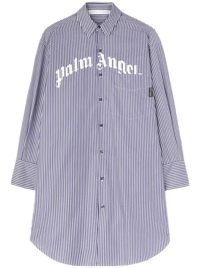 Palm Angels Striped Logo Print Midi Shirt Dress In Navy Blue - Off White
