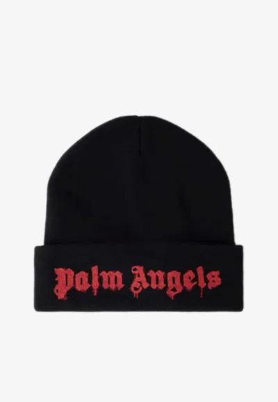 Palm Angels Dripping Logo Beanie In Black