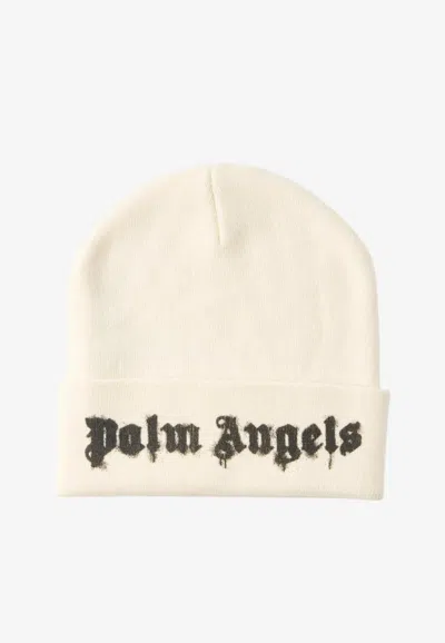 Palm Angels Dripping Logo Knitted Beanie In Off-white