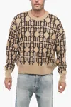 Palm Angels Embroidered Allover Monogram Jacquard Sweater In Beige