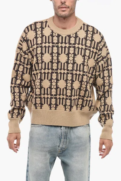 Palm Angels Brown Logo Crew-neck Jumper In Beige