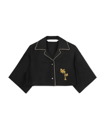 Palm Angels Palm Embroidered Cropped Bowling Shirt In Black
