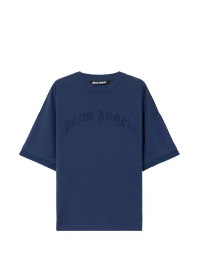Palm Angels Embroidered Curved-logo Double T-shirt In Blue