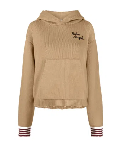 Palm Angels Embroidered Logo Knitted Hoodie In Black