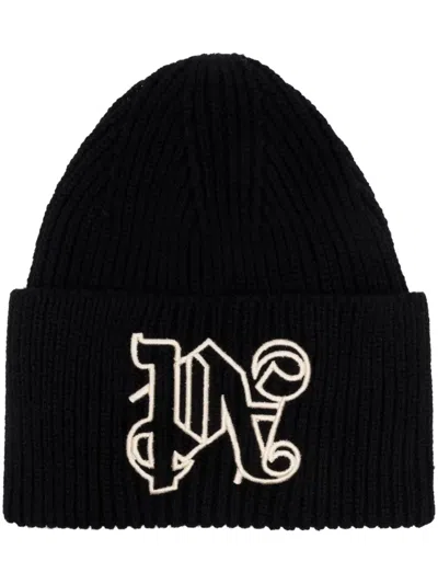 Palm Angels Embroidered-monogram Beanie In Black