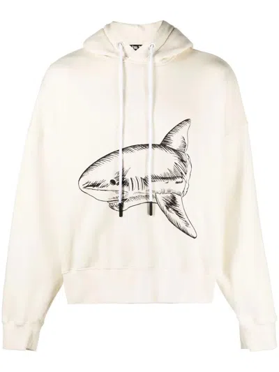 Palm Angels Embroidered Shark Cotton Hoodie For Men In Ivory