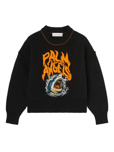 Palm Angels Kids' Embroidered Shark Knit Sweater In 黑色